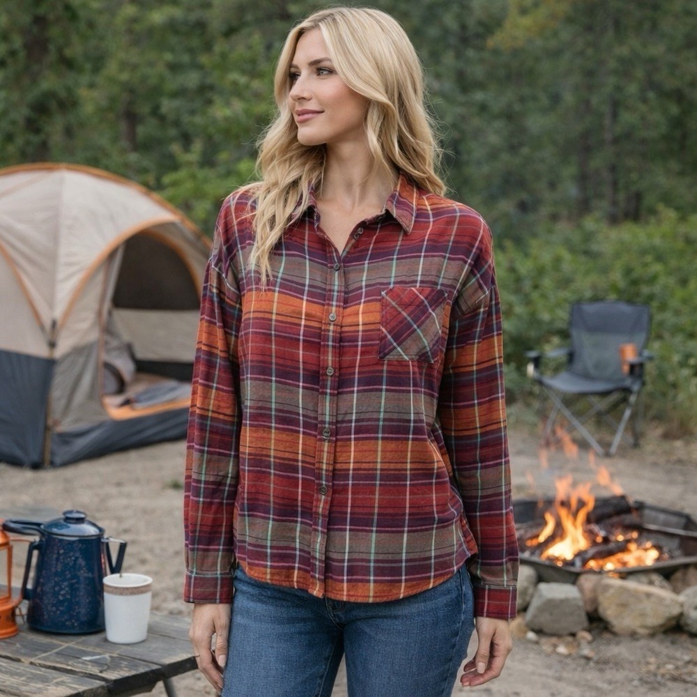 prAna Orange Purple Plaid Button Down Gorpcore Camping‎ Hiking Outdoors XS
